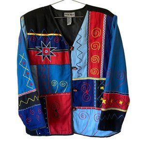Vintage Indigo Moon Embroidered Patchwork Jacket Art to Wear Retro Abstract Boho